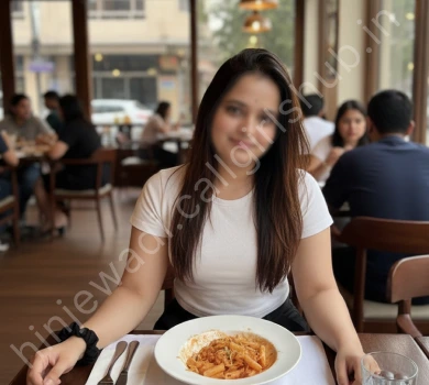 hinjewadi call girl Ruhi wearing white top and sitting on a resturant